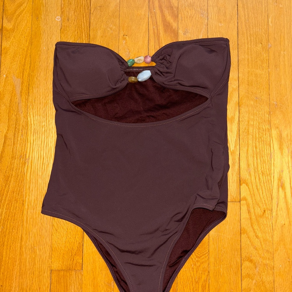 Brown One-Piece Swimsuit with Gem Detail